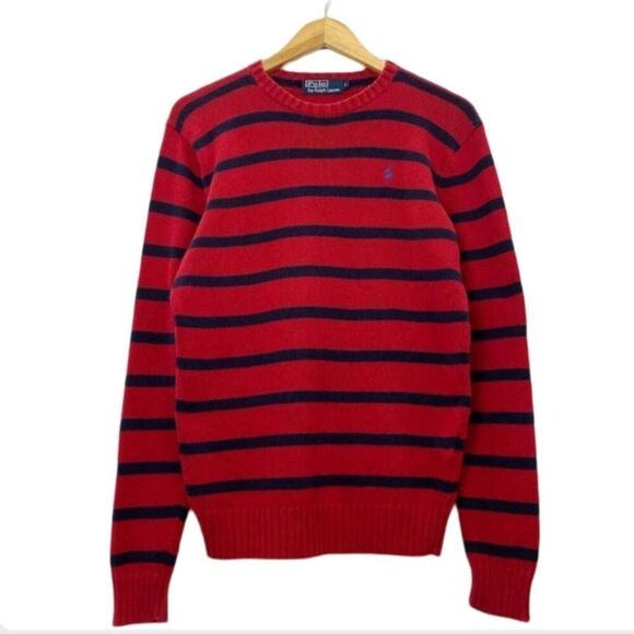 POLO RALPH LAUREN Men's Striped Crewneck Sweater Red Navy M Cotton Classic - Picture 1 of 10